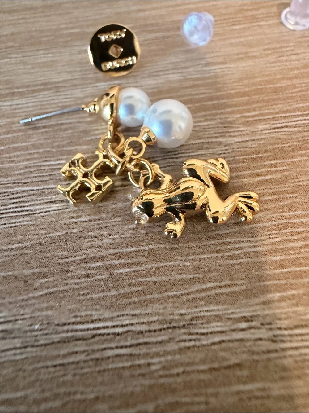 New Tory Burch Gold Frog Charm Pearl Drop Earrings